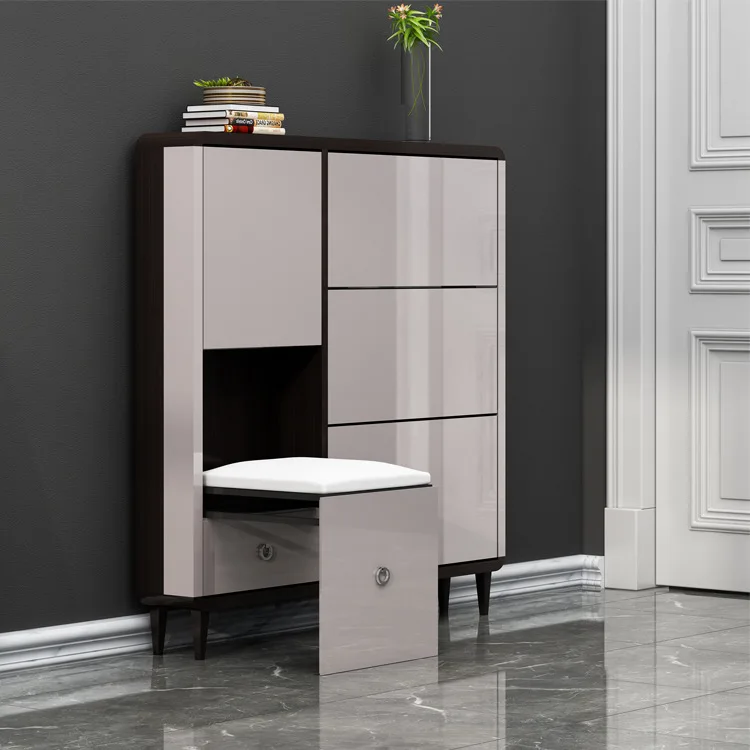 Narrow Shoe Cabinet, 17 cm Depth MDF High-gloss Shoe Cabinet with Stool, Tipping Bucket Shoe Rack, Modern Space-saving Organizer
