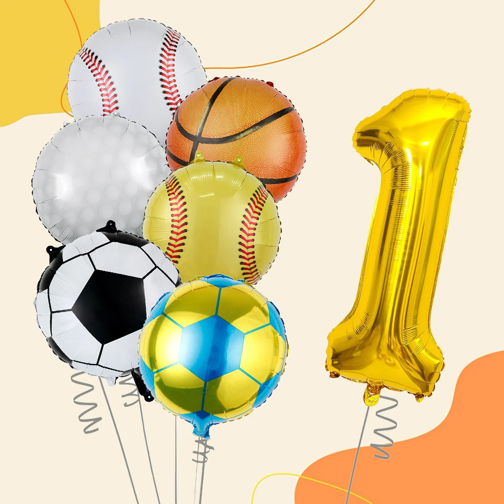 Set mit Zahlenballons mit Sportmotiv – Fußball, Basketball, Volleyball, Golfballons für Geburtstag, Dusche, Taufe, Jahrestag