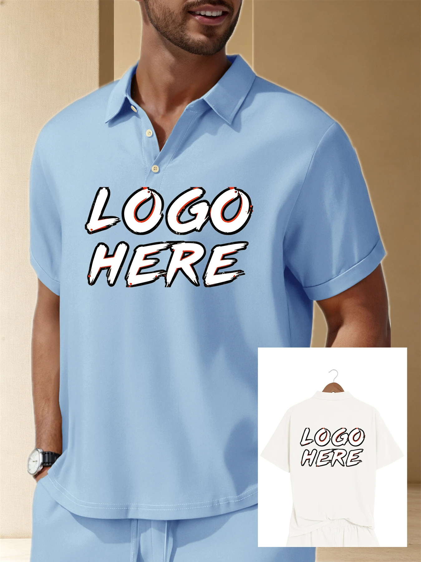 Custom Men's Shirt - Right Chest Behind Photo/Logo Personalization, Breathable Short Sleeve Casual Geometric Pattern Shirt