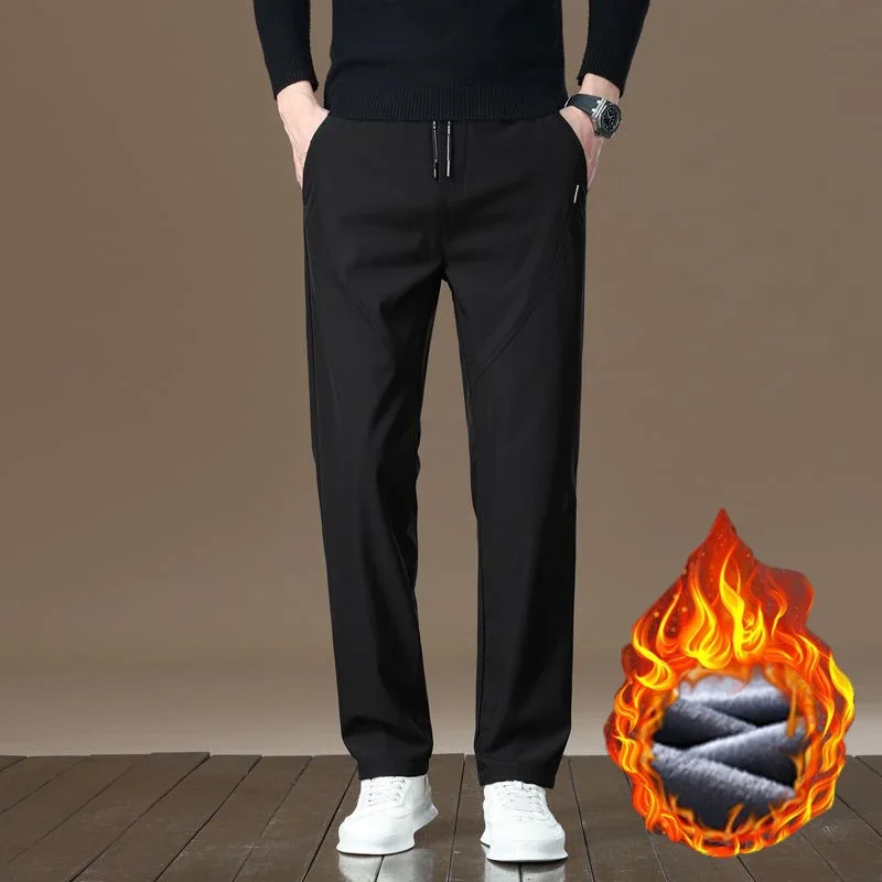 Autumn Winter Fleece Warm Men Casual Pants Male Simple Elastic Waist Solid Color Pants Trend Korea Style Slim Fit Trousers