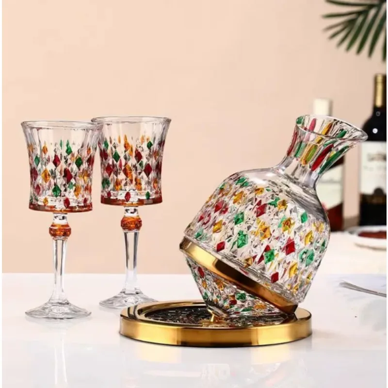 Hand-painted Diamond Decanter Set, Crystal Glass Rotating Wine Dispenser, High-end Red Wine Set