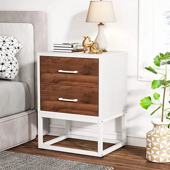 

End Table Nightstands with 2 Storage Drawers, Modern Night Stands for Bedrooms Livingroom White & Walnut Bedside Table Sofa Side