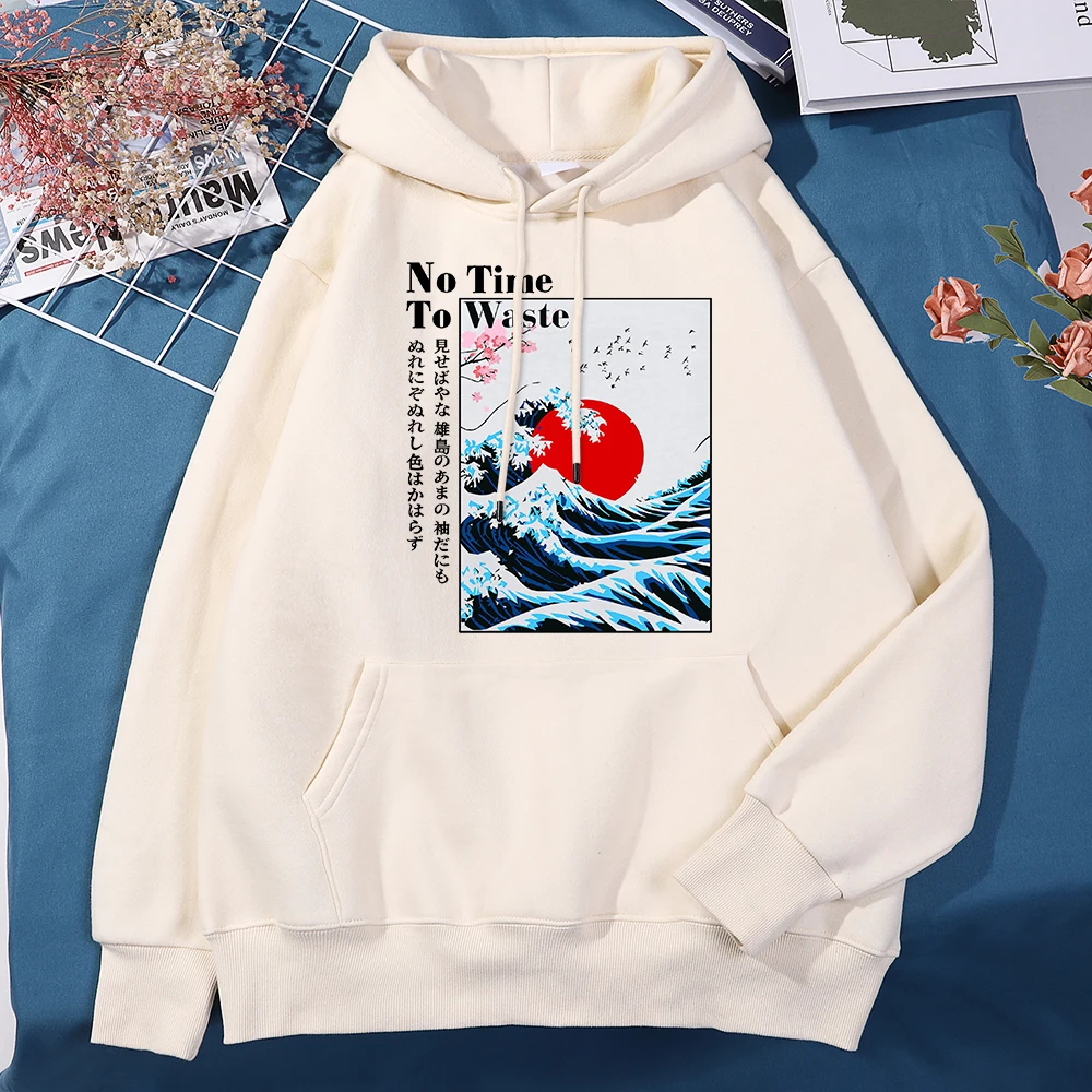 Japan Cherry Blossom Wave Sun Hoodies For Men Kpop Oversize Streetwear Aesthetic Warm Sweatershirts Autumn Quality Man Pullovers