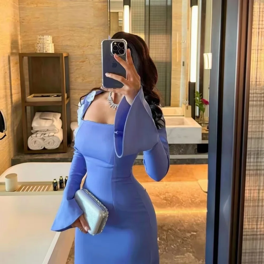 

Customized Elegant Long Sleeve A-line Evening Gown Charming Flower Applique Prom Dress Sexy Square Neck Satin Party Gown вечерне