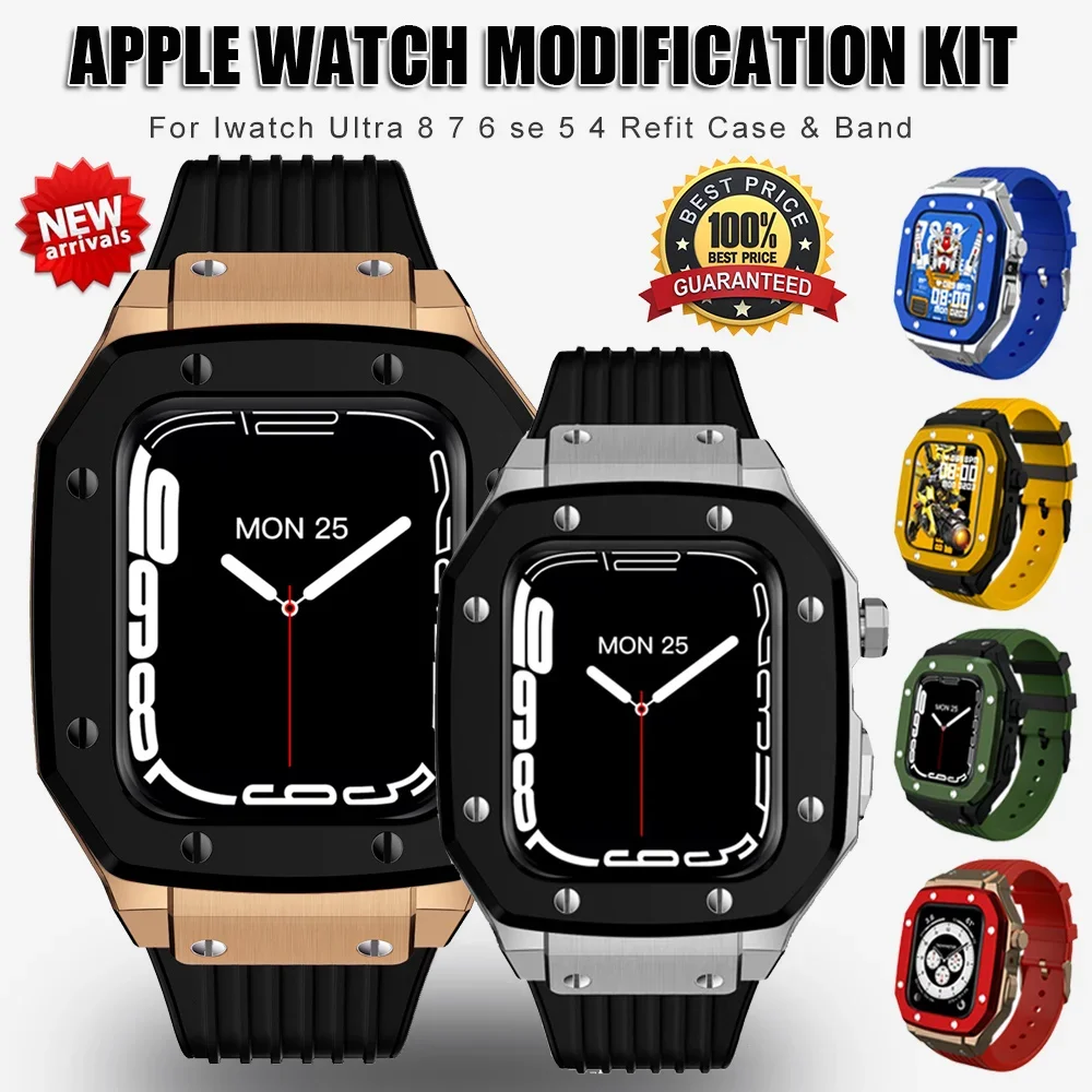 

Stainless Steel Case+Rubber Strap for IWatch 9 45mm 44MM Silicone Band Modification Kit for Apple Watch Series 9 6 5 4 SE 8 7 45