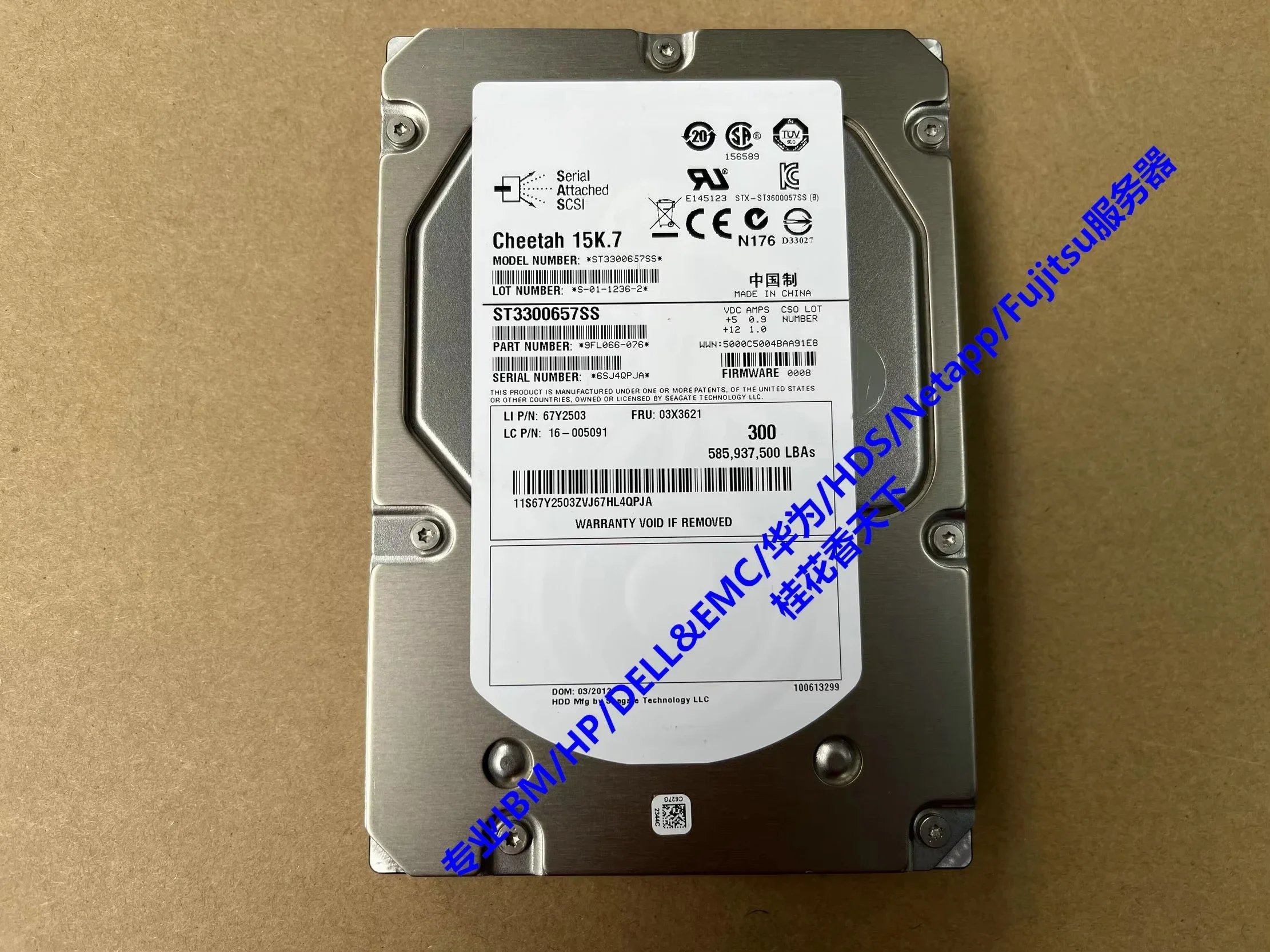 

Used For Lenovo 03X3621 300G 15K SAS 3.5 inch 67Y2503 ST3300657SS
