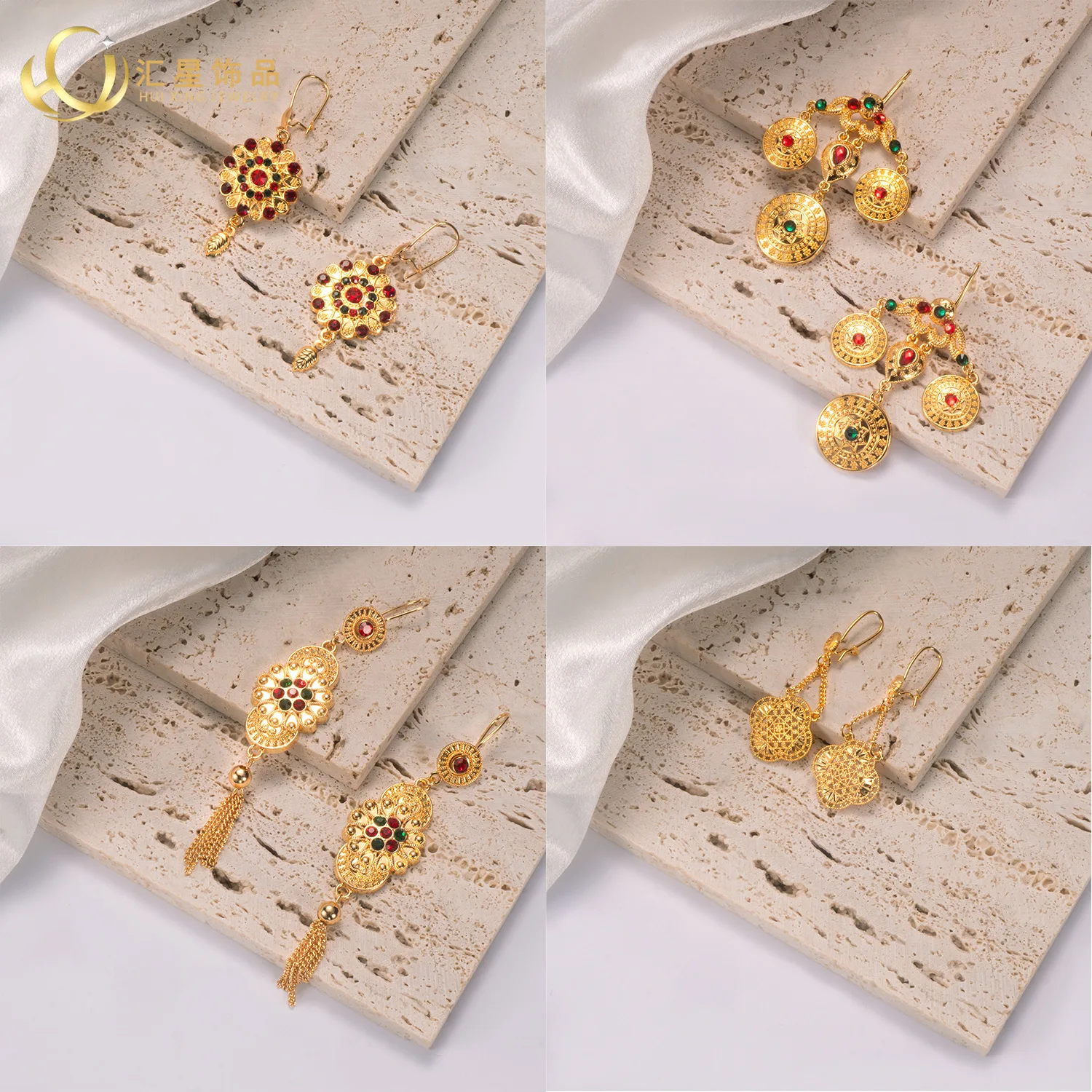 Huixing cross-border Middle Eastern ethnic wind copper gold-plated sand gold earrings, southern red turquoise jasper fringed ear