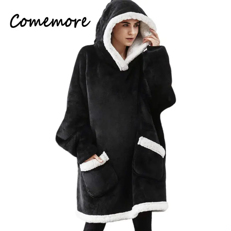 Fashion Oversized Hoodie Blanket with Sleeves Sweatshirt Plaid Winter Fleece Hoody Pajamas for Women Female Autumn Home Wear