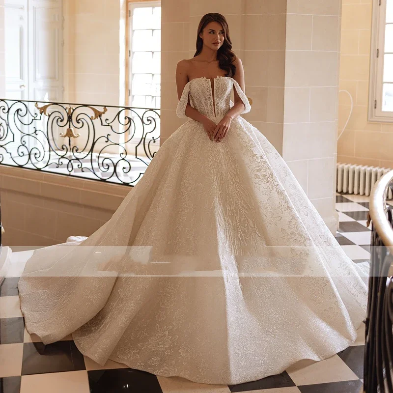 

Flavinke Customized Sweetheart Off Shoulder Ball Gown Wedding Dresses Beading Appliques Train Princess Bridal Gown vestidos de