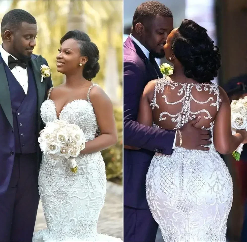 

Customized African Black Girl Mermaid Wedding Dress Spaghetti Sheer Back Plus Size Bridal Gowns Custom Made Robe De Mariée