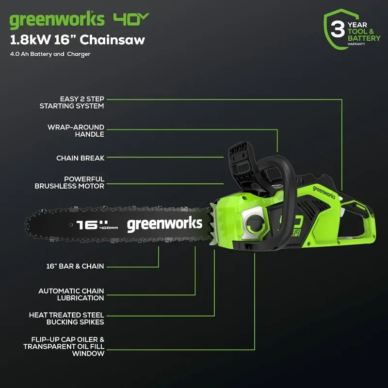 Greenworks-Tronçonneuse sans fil sans balais, 40V, 16 ", Isabel 2, idéale pour l'abattage d'arbres, l'amincissement et le bois de chauffage, plus de 75 outils compatibles