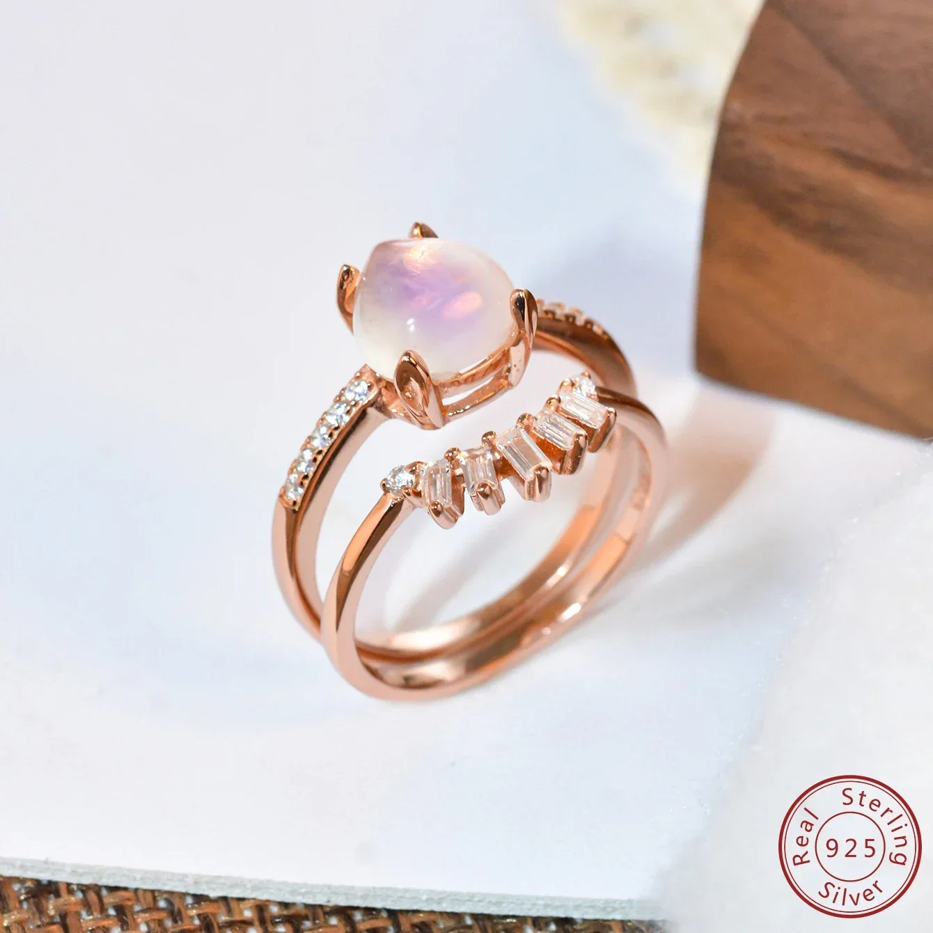 2024 New 100%925 Sterling Silver Double Layer Ring Moonlight Stone Rose Gold Ring Women's Exquisite Combination Ring Set Jewelry