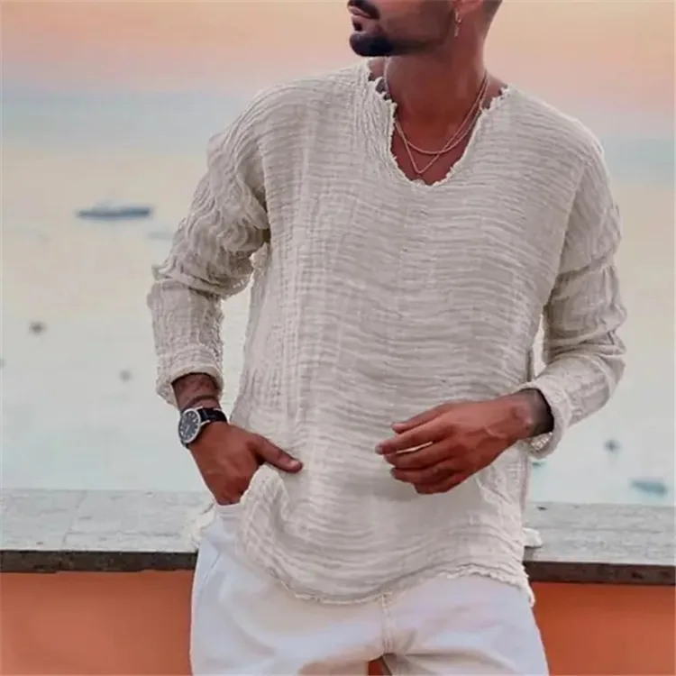 Summer Beach Handsome Men Casual Shirts Retro V-neck Long Sleeve Shirt Tops Burr Edge Pleated Loose Thin Pullover Trend Male Top
