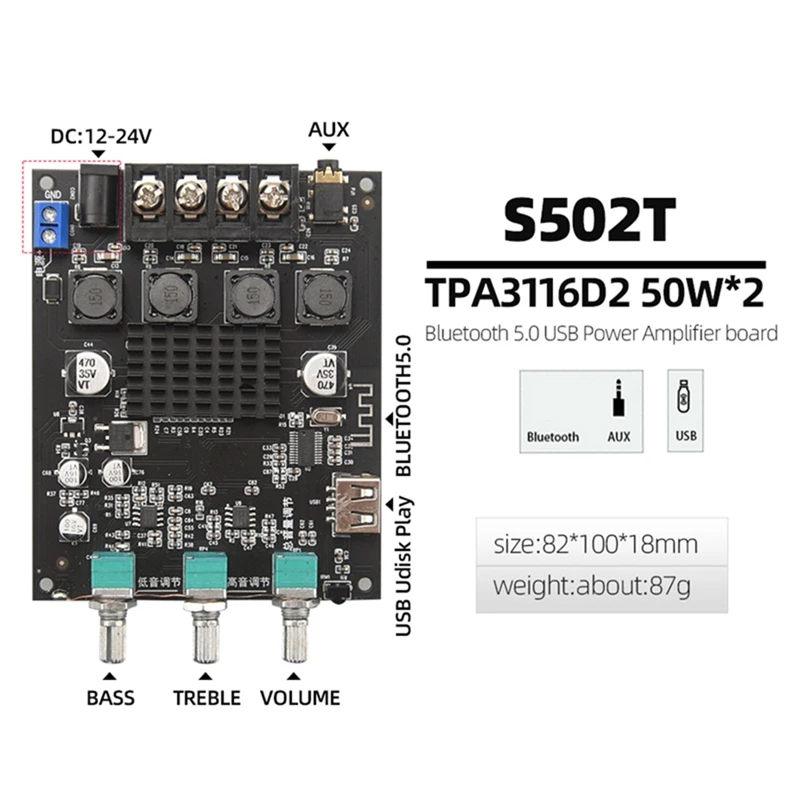 TPA3116D2 Bluetooth 5.0 HIFI 2.0 Channel Power Audio Stereo Amplifier Board 50W+50W TREBLE Bass Note Tuning AMP S502T