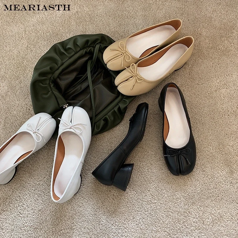 Spring Women White Apricot White Soft Leather Bow Tie Front Shallow Slip On Med Heels Split Toe Pumps Girls Tabi Shoes Size 43