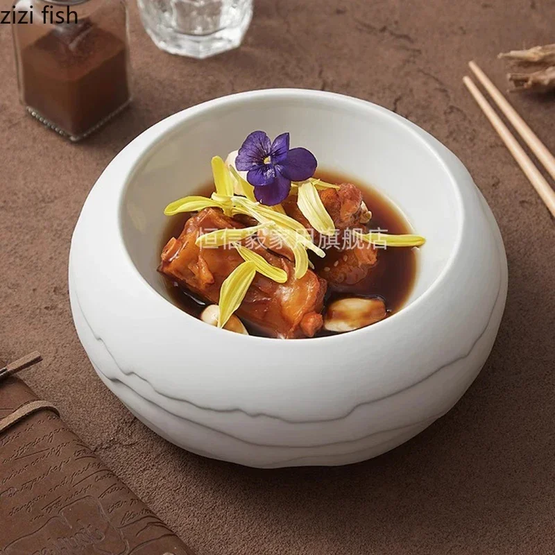 Pure White Stone Patterned Ceramic Bowl Thick Soup Bowl Salad Dessert Bowl Sashimi Bowls Molecular Cuisine Creative Tableware