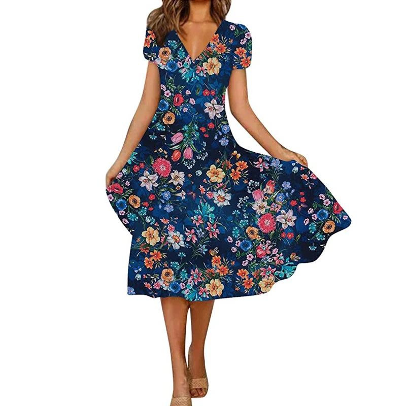 Large Size Women's Midi Waist Loose V Neck Dresses Elegant Botanical Floral Print Short Sleeve Dressy Ladies Daily Commuter Gown