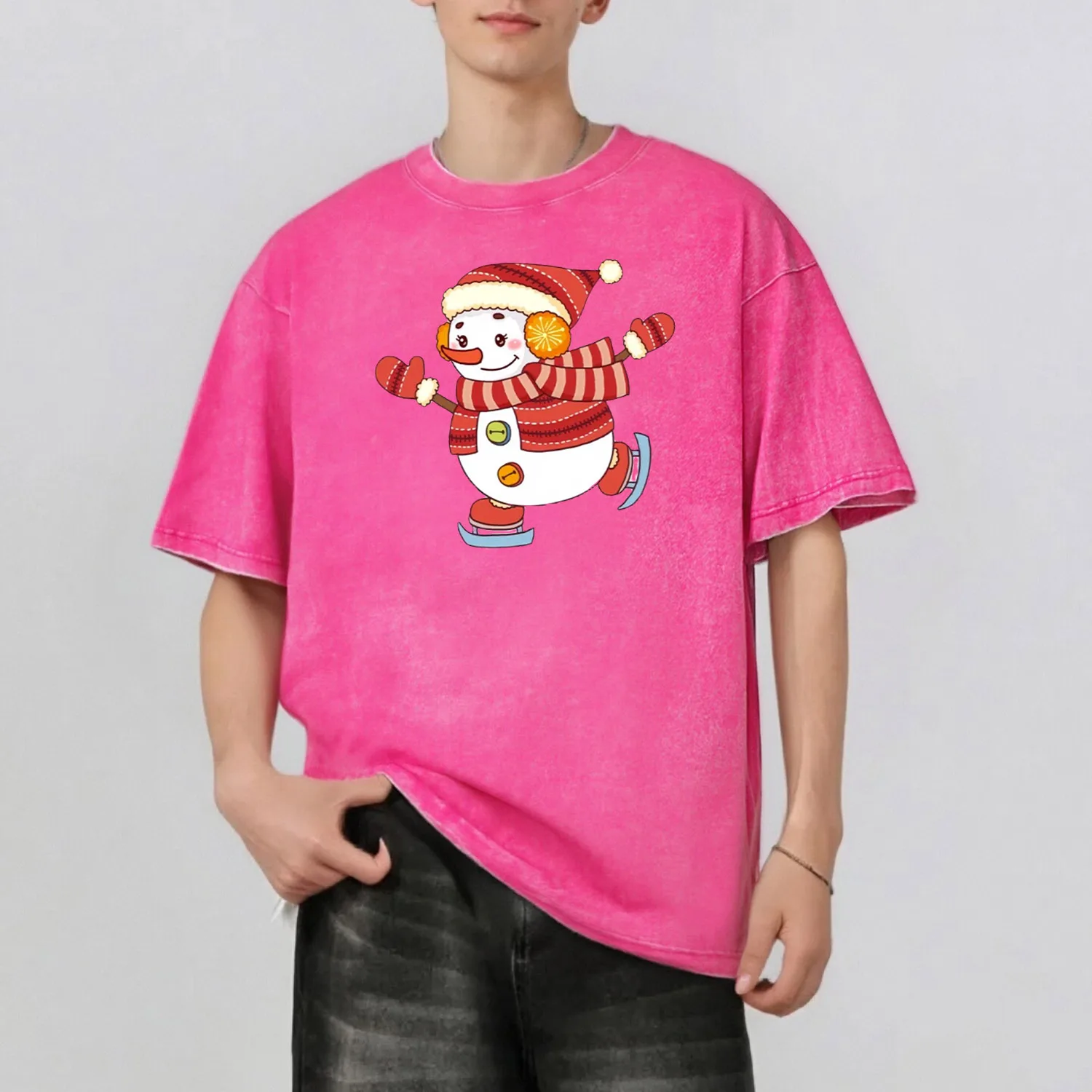 

Snowman Graphic Print Fashion Retro Style Washed T-Shirt Casual Short Sleeve 100% Cotton Unisex Top 230G