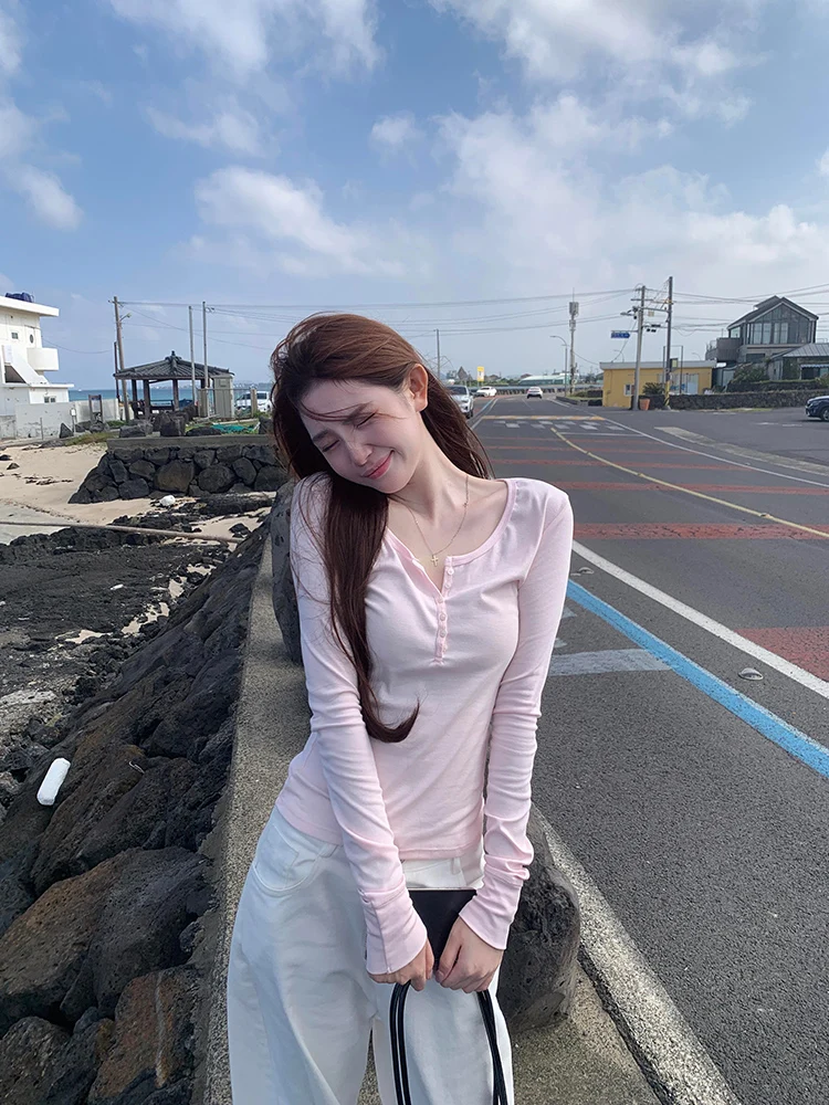 Slim Fit largo Sve Henry Collar Base irt ropa interior camiseta para mujeres coreano Sle Pure Desire otoño Top BM tendencia