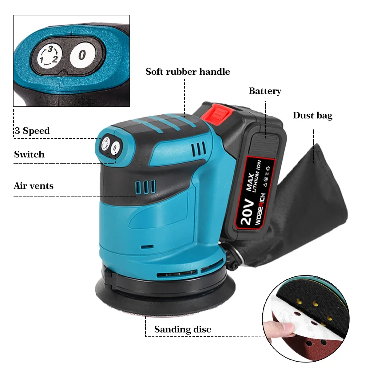 3 Speed 125mm Sandpaper Wood Grinder Polishing Machine Sander Random Orbit Electric Sander Power Tools For Makita 18V Battery