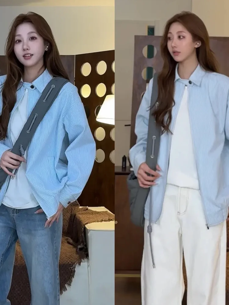 

Retro Blue Striped Men's irt Jaet Spring Autumn Sle Premium Feel 2025 New Season Turn-down Collar Jaet