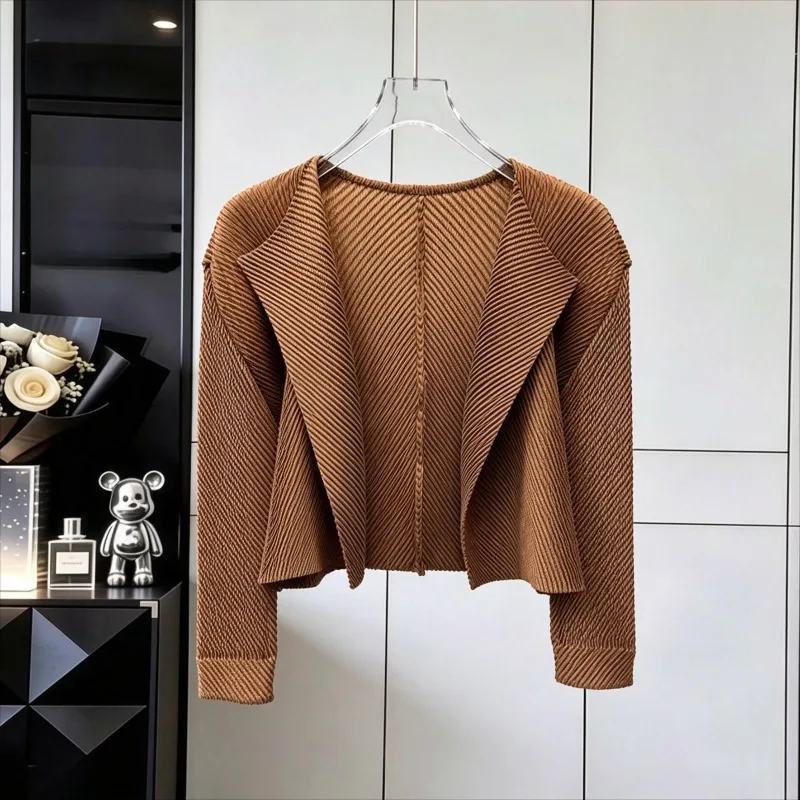 Miyake Fashion Simple Solid Color Pleated Cardigan 2026 Autumn New Casual Long Sleeve Top Women's Stretch Non-iron Jacket