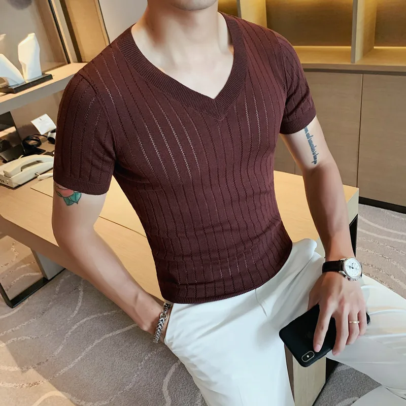 2023 Men\'s Summer Casual Knitting Ice Silk T-shirt/Male Slim Fit V-Neck Short Sleeve T-Shirt Slim Fit Tees Plus Size S-4XL