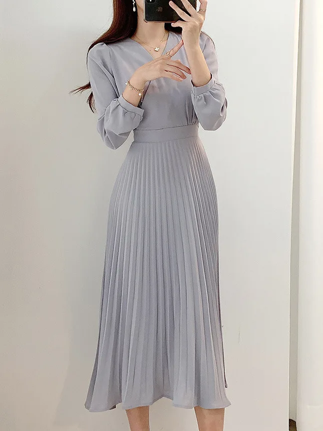 Ele Autumn Long Sve Dr Women's Soft V-Ne Waist Cinched Pleated Design Draped Dr Commute Sle Spring Autumn Wi...