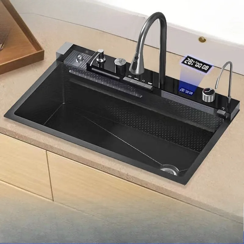 

Thickened waterfall digital display 304 stainless steel single tank, vegetable basin, dishbasket
