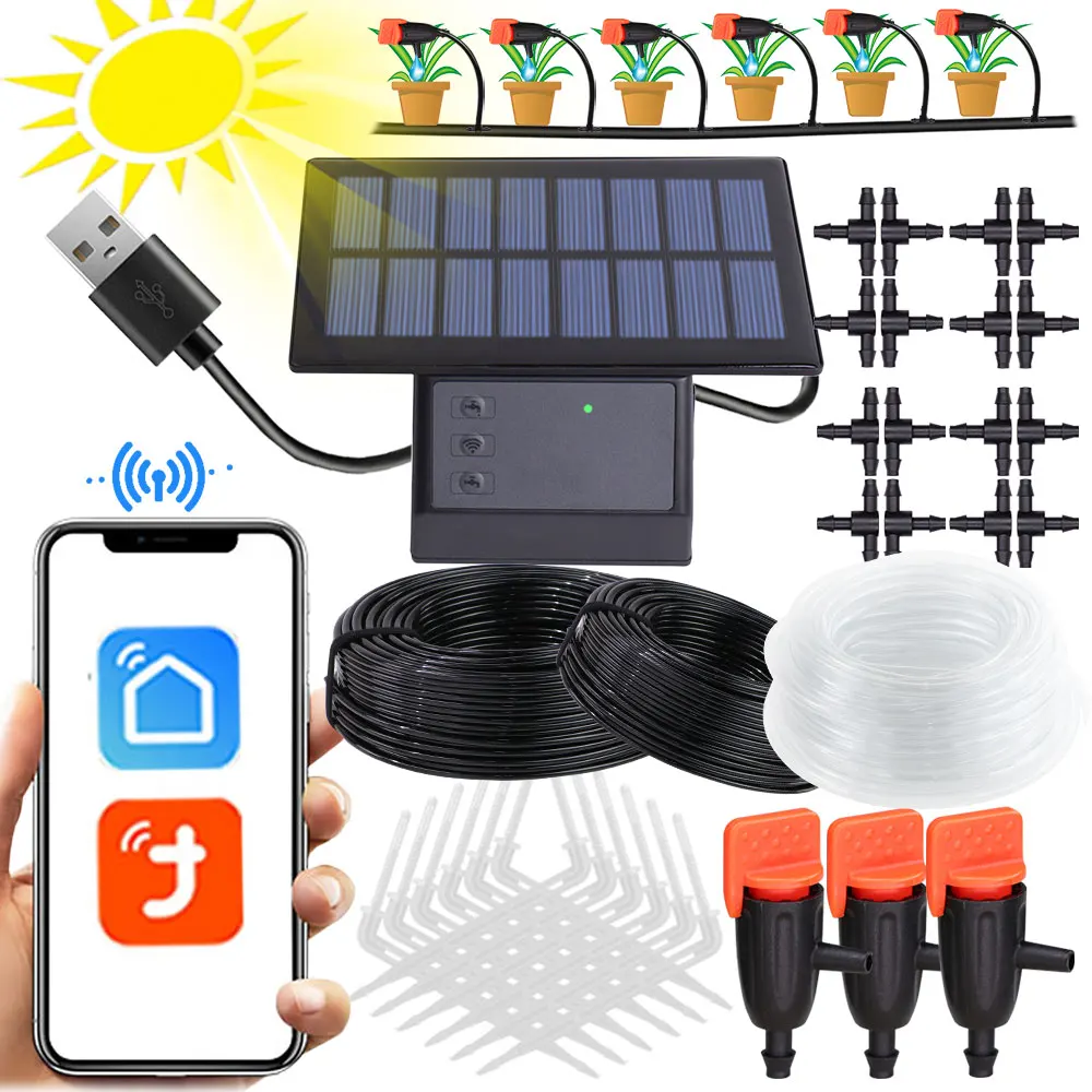 Tuya Wifi-compatibility Solar Power Timer Pump Automatic Drip Irrigation Kit Garden Mobile Phone Remote Control Watering System