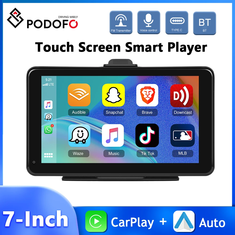 

Podofo Carplay Monitor Android Auto Dashboard 7'' Car DVR Bluetooth FM Transmitter AI Voice Mirror Link Airplay Smart Player