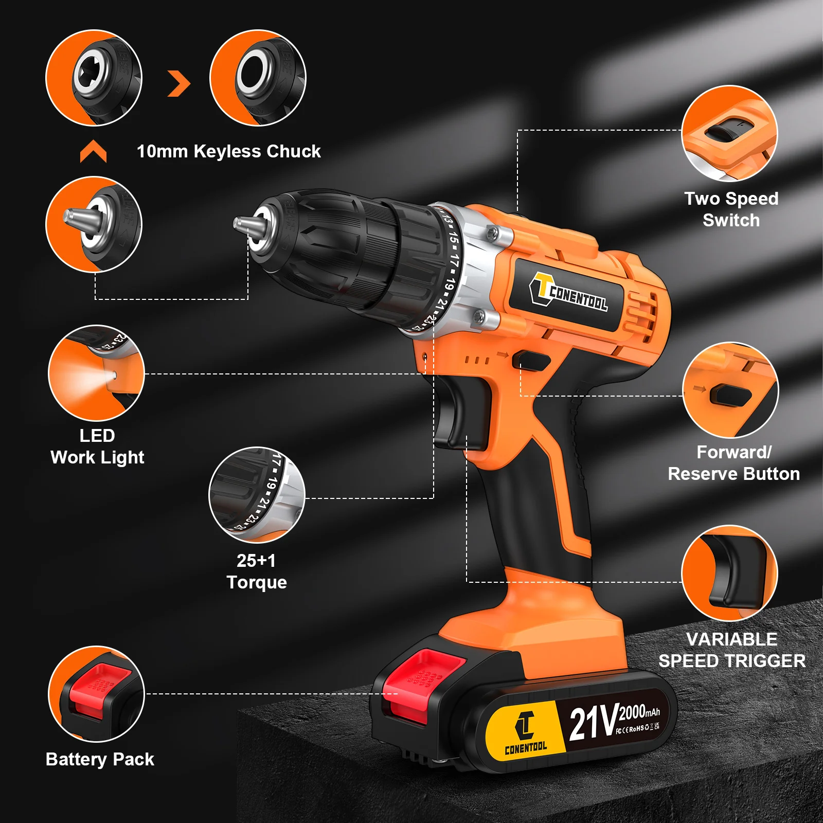 CONENTOOL Cordless Drill Driver 21V, Cordless Hammer Drill with 2 Batteries 2000mAh, 45N.m Combi Drill Screwdriver, LED Light