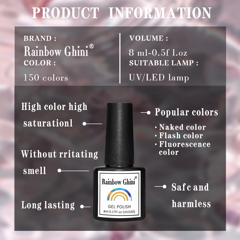 Arco-íris ghini 8ml 6 pçs/set cor roxa série gel verniz embeber uv unha gel polonês rosa glitter unha polonês hema/tpo grátis