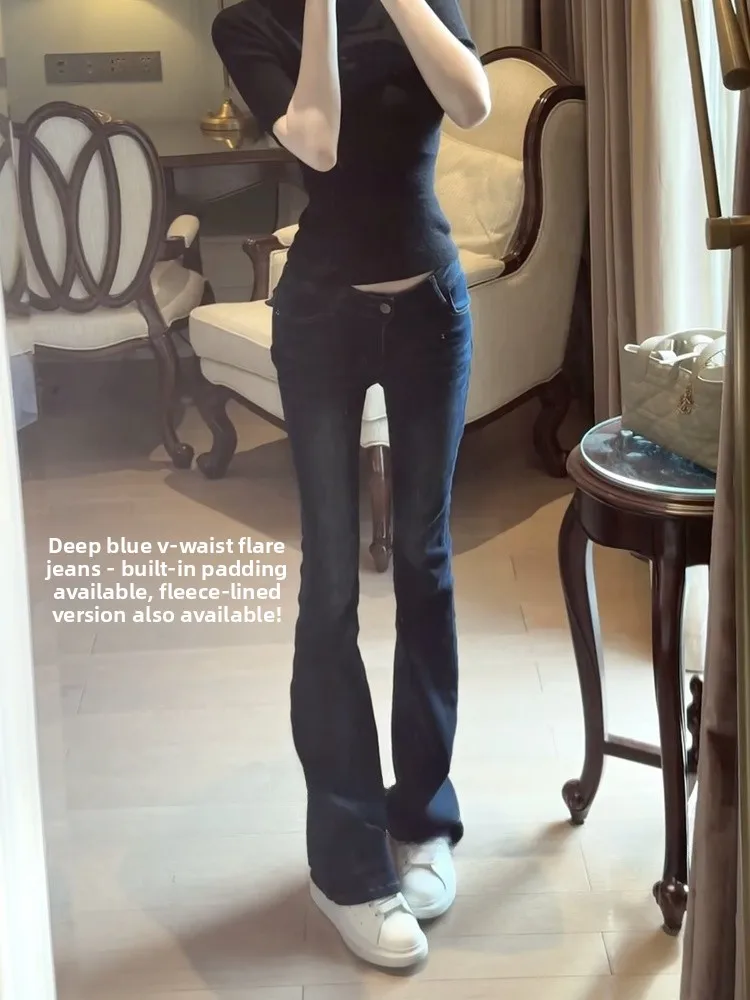 

Autumn Winter Fleece Lined V Waist Flared Jeans Women's Slimming Sexy Casual Pants Elastic Bell Bottom Long Trousers