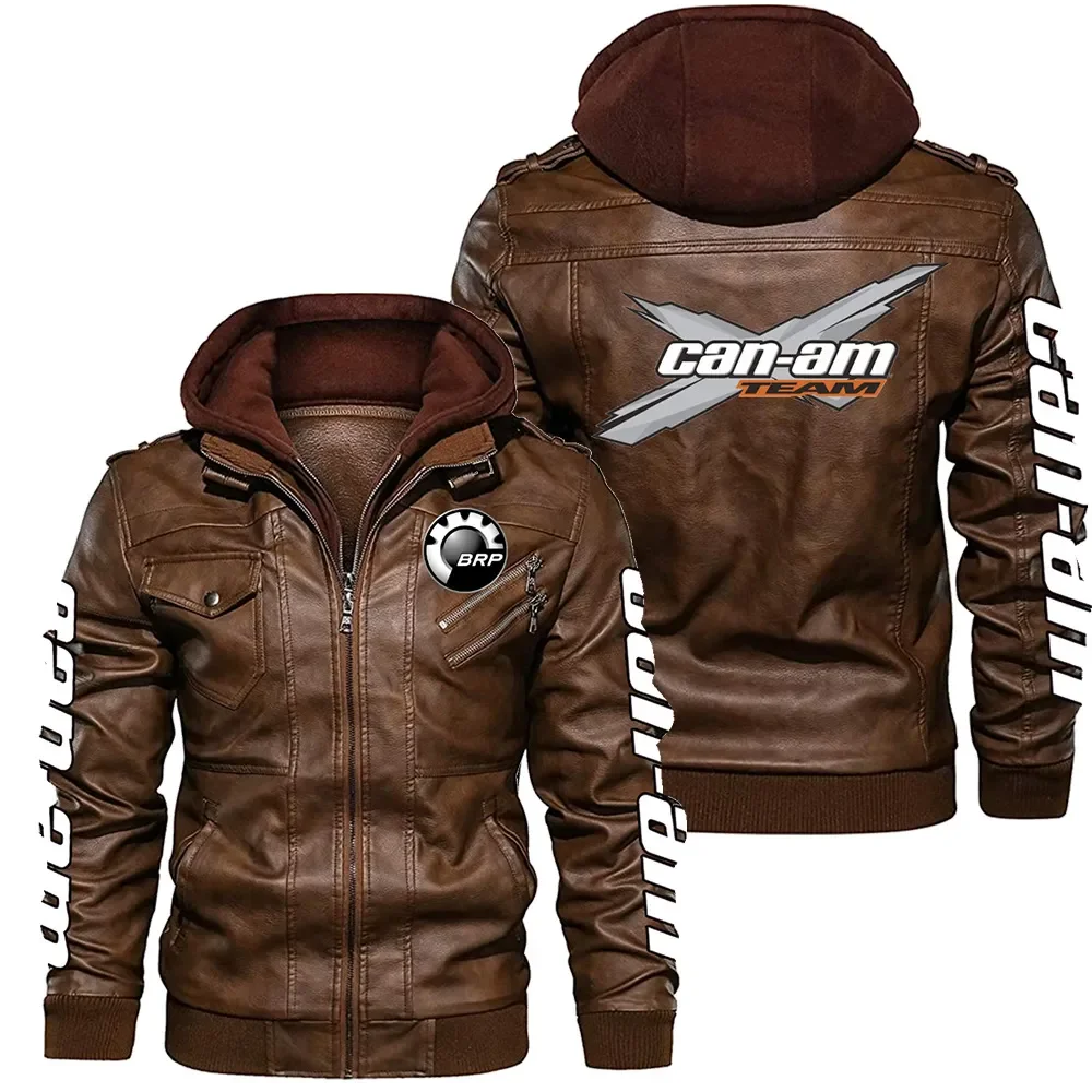 2023 New Winter Men's BRP Can-am Logo Pu Leather Long Sleeve Zipper Hooded Jacket Fleece-lined Fashion Keep Warm Coat