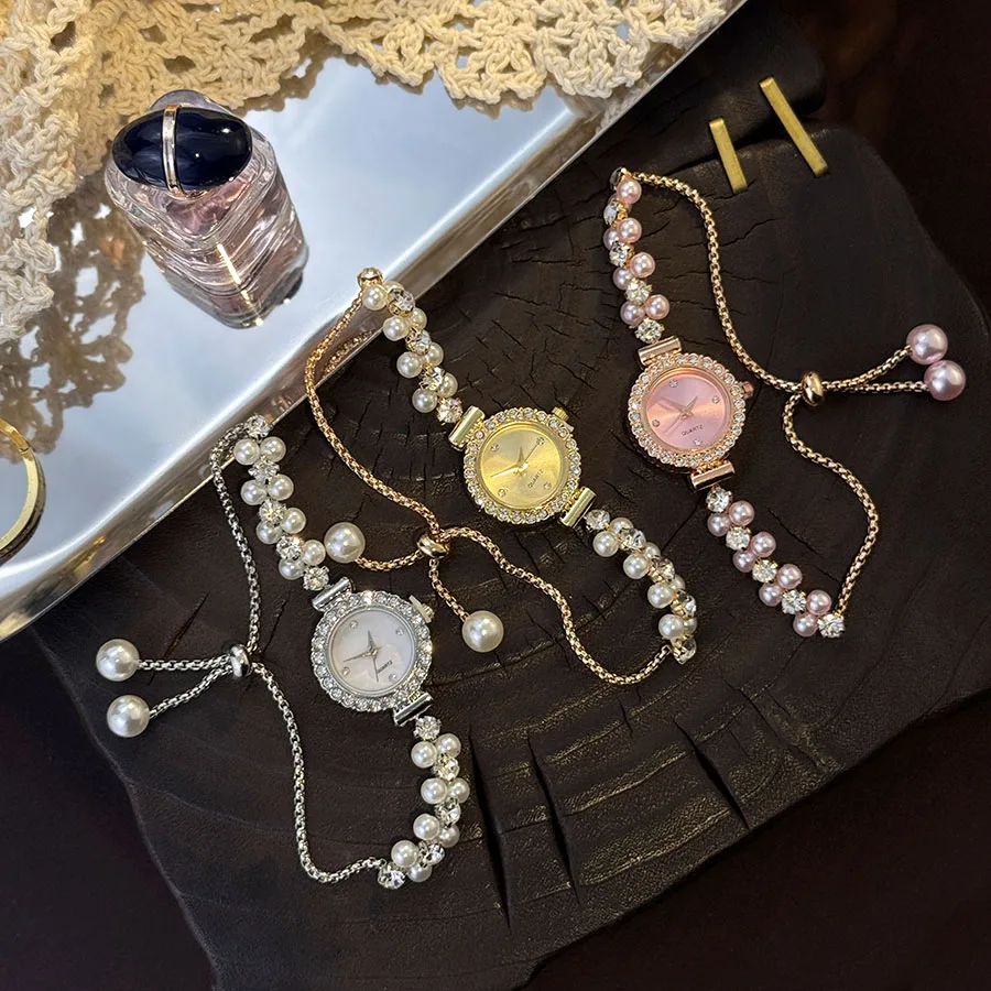 Double-Row Pearl Diamond-Encrusted Pull Rope Bracelet Women's Quartz Watch Romantic SweetStyle Fashion Luxury Niche Wristwatch