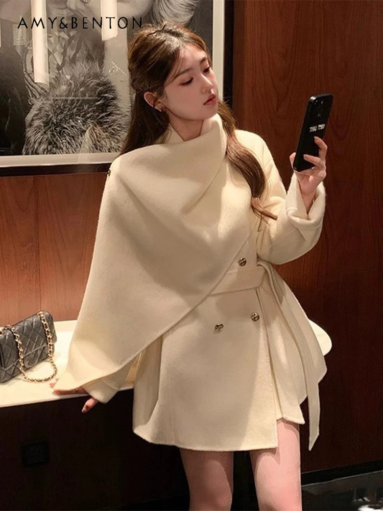 

2025 Autumn Winter High-End Large Shawl Tie Waist White Black Wool Coat Korean Style Gentle Temperament Gray Woolen Jacket