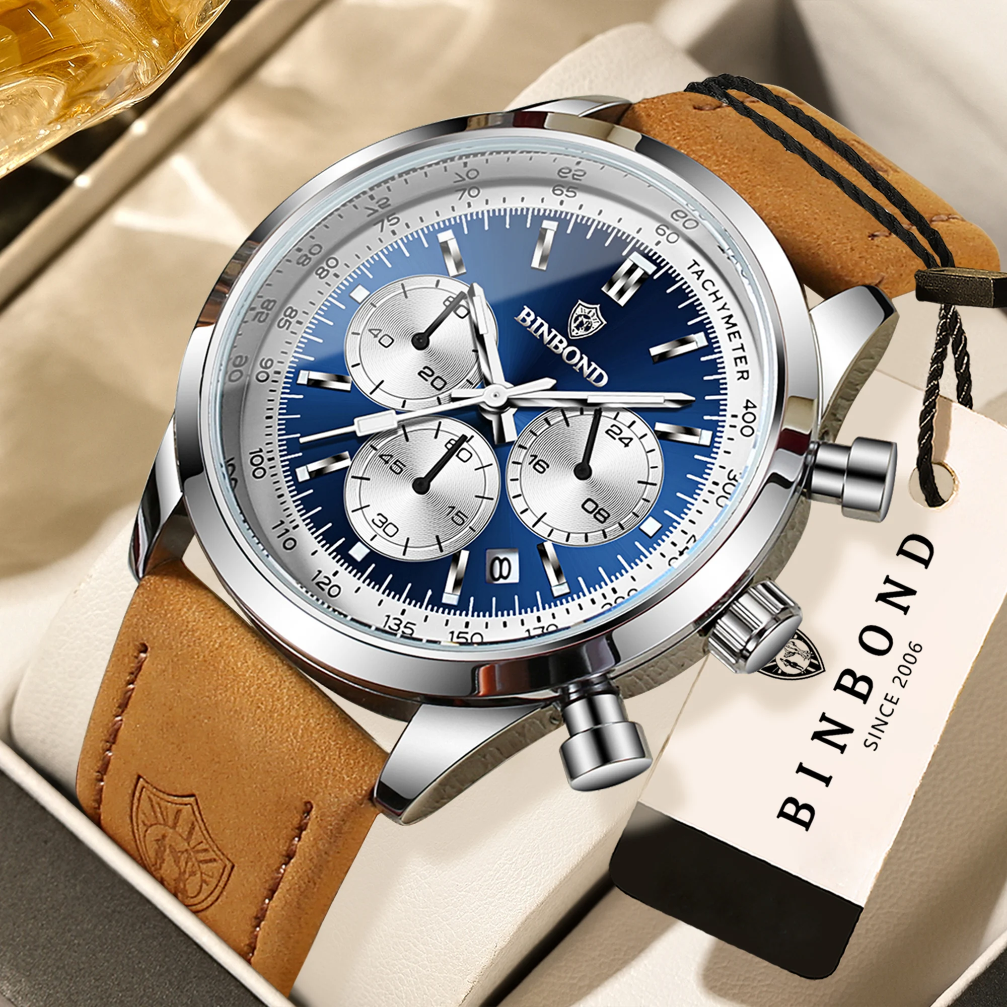 

BINBOND sturdy leather accurate luxury quartz watch for men auto date chronograph luminous waterproof men's watch casual reloj