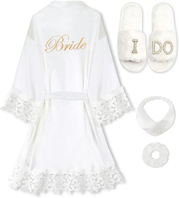 4 Pcs Bride Robe for Wedding Day Set Bridal Robe with Slippers Lace Trim Wedding Robe for Bridal Bachelorette Party
