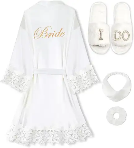 4 Pcs Bride Robe for Wedding Day Set Bridal Robe with Slippers Lace Trim Wedding Robe for Bridal Bachelorette Party
