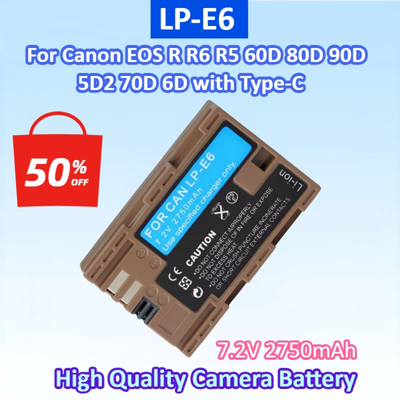 

NEW LP-E6NH 7.2V 2750mAh LP-E6N LP-E6 Camera Battery Type-C Input For Canon EOS R R5 R6 60D 70D 80D 90D 5D IV 5DS R 7D Mark