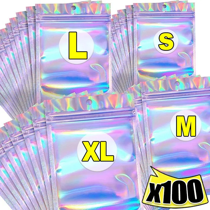 Sacs auto-scellants arc-en-ciel, pochettes en Film Laser pour le stockage des aliments, cadeaux de fête, collations, bonbons, bijoux, sacs imperméables, 100/10 pièces