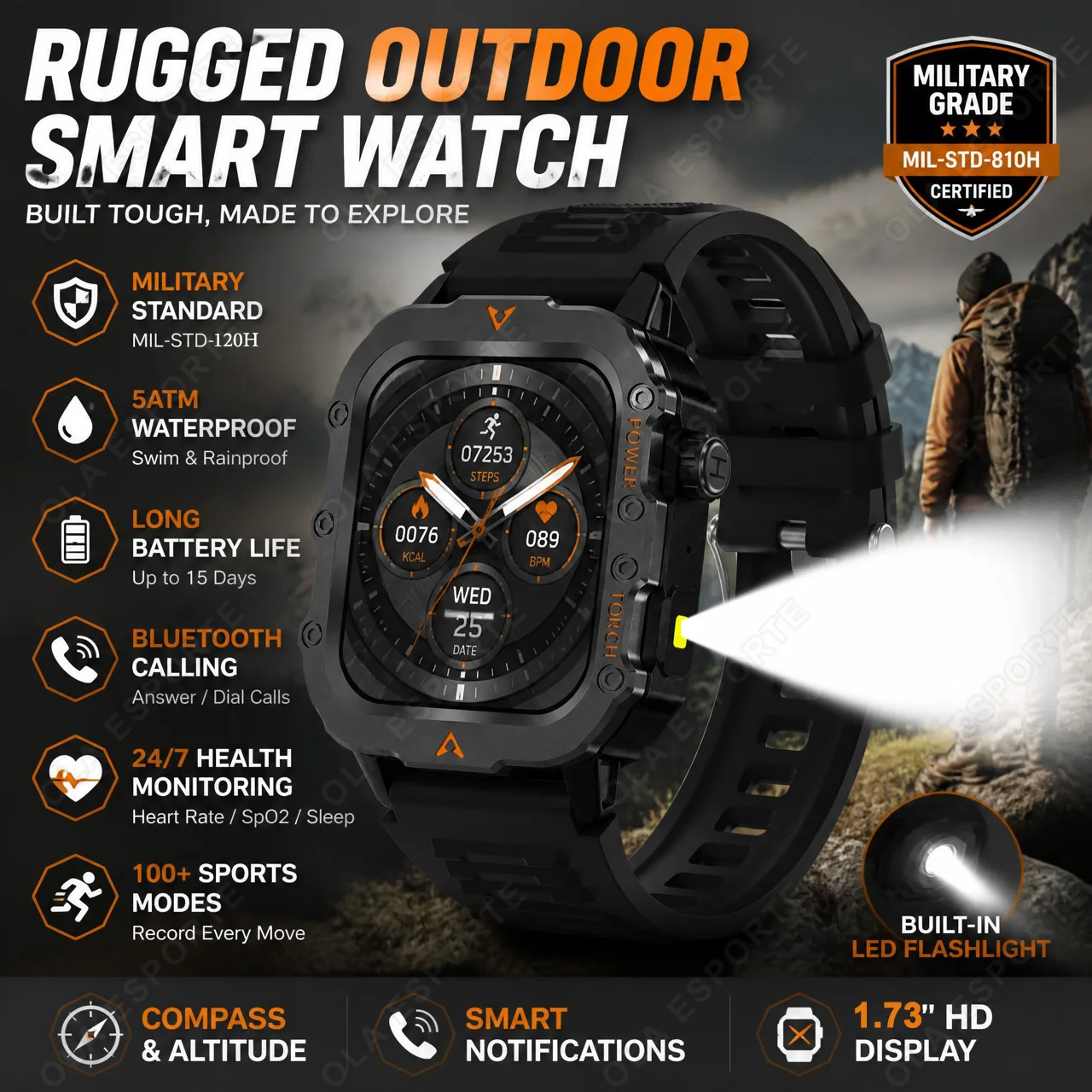 Men Sports Smart Watch 1.71 Screen Blood Oxygen Bluetooth Talking Watch Multi Sport LED Flashlight Outdoor Smart Watch New HT30
