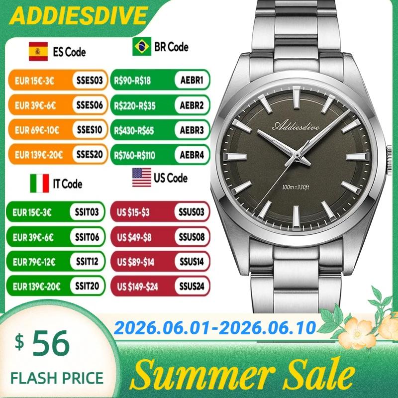 

ADDIESDIVE 36mm BGW9 Luminous 10Bar Waterproof Quartz Couple's Watch Stainless Steel Bubble Mirror Glass Watches Gift for Couple