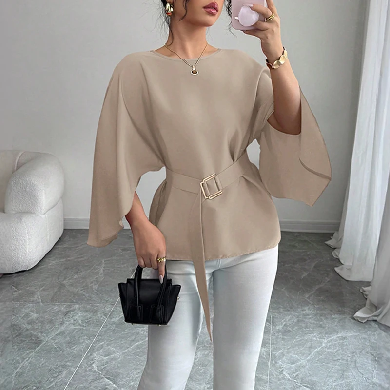 BKLD Women's Commuting Evening Party Elegant Waist Up Blouse O Neck Flare Split Sleeves Belted Solid Color Temperament Tops Club