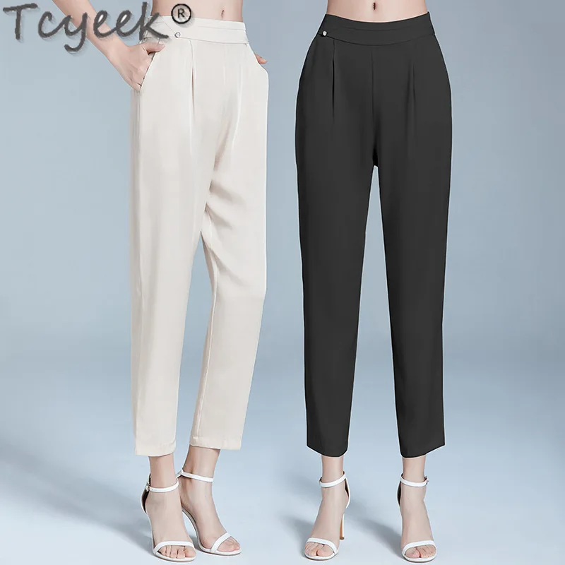

Tcyeek 95% Mulberry Silk Harem Pants Thin Style Summer Clothes Women Loose Fit Ankle-length Woman Trousers 2024 Elegant Pants