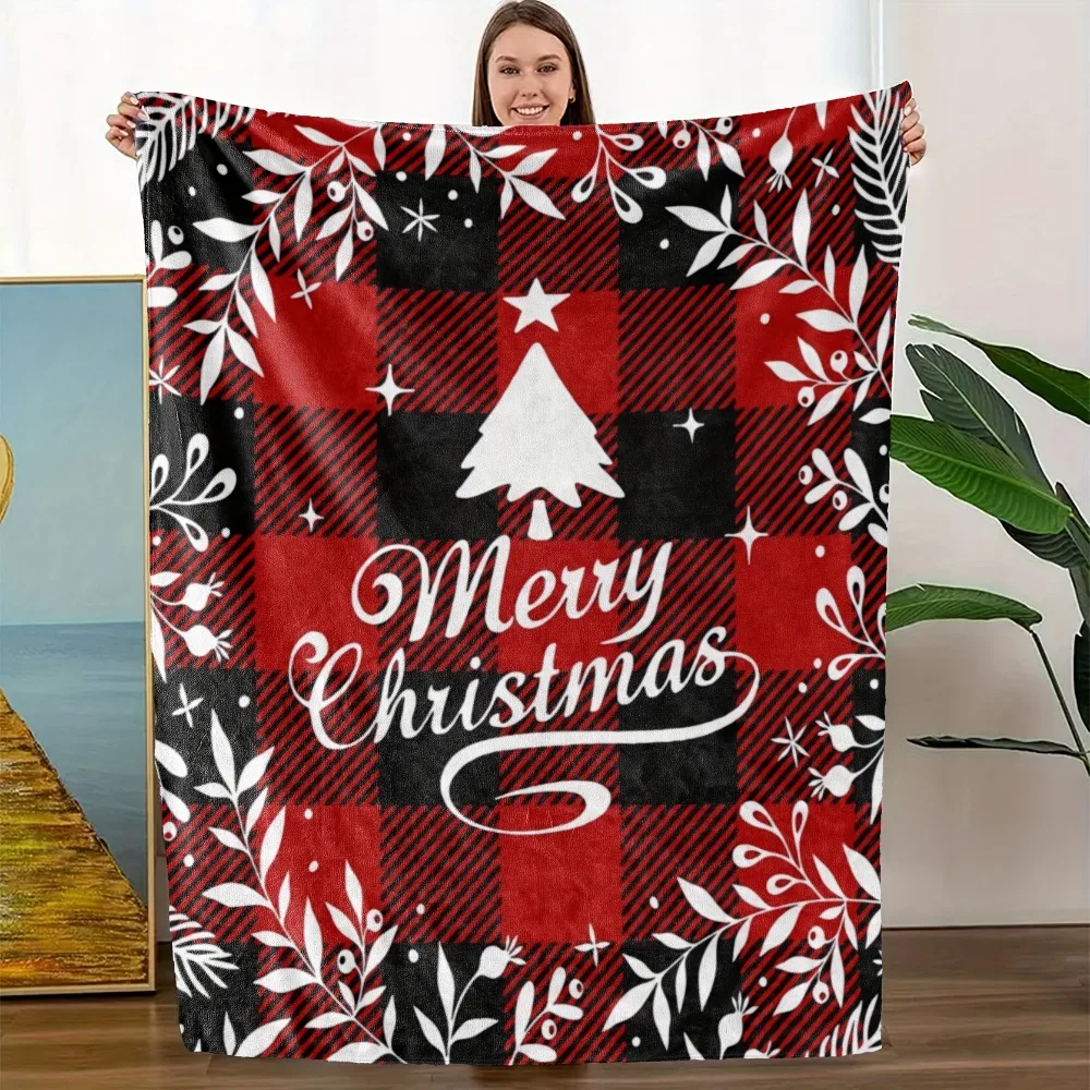 

1pc Red Blanket Marry Christmas Tree Deer Snowflake Flannel Blanket for Home Living Room Bedroom Decor New Year Christmas Gift