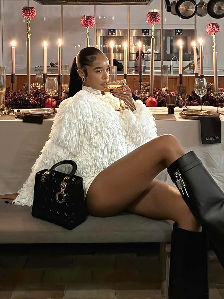 غريب سنور شرابة متماسكة سترة 2 قطعة مجموعة المرأة الشتاء الاتجاه س الرقبة البلوز الياقة المدورة رومبير البرية تمتد الشارع كلوبوير