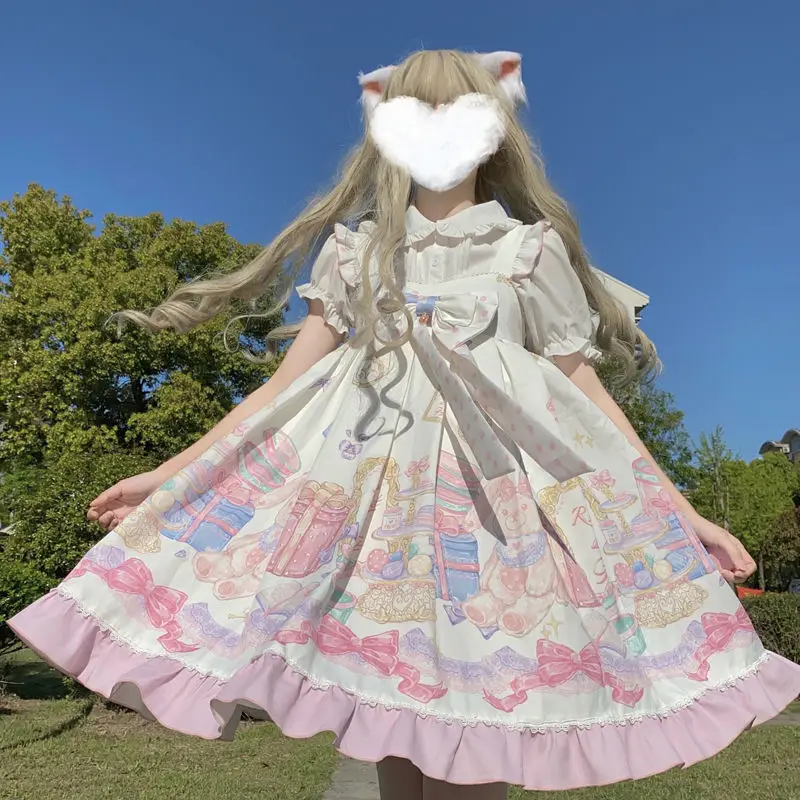 Kawaii Lolita Dress Women Girls JSK Lolita Kawaii Cute Cartoon Tea Party Dresses Ruffles Cosplay Spring Summer Slip Dress