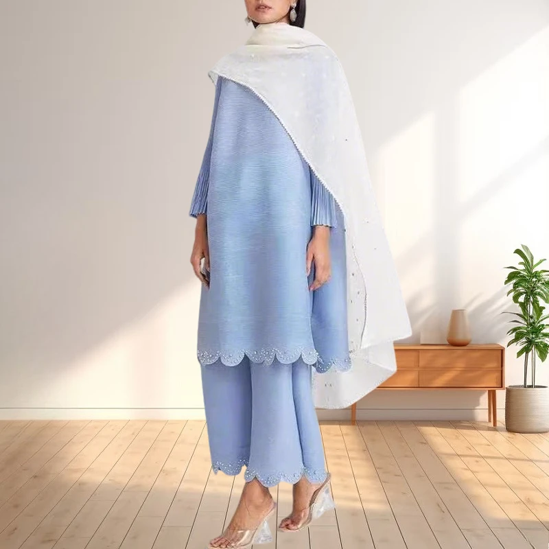 

Miyake Pleated Middle East Plus Size Women's Beaded Rhinestone Loose Temperament Long-sleeved Top Wide Leg Pants 2set Africa